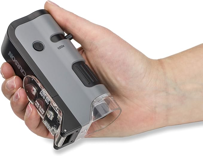 Carson MicroFlip 100x-250x LED and UV Lighted Pocket Microscope with Flip Down Slide Base and Adapter with CarsonCam Phone App - Set of 4 (MP-250MU) | STEM Handheld Microscope Set with Smartphone Adapter Clip for Digiscoping, Flip Down Slide Base - Set...
