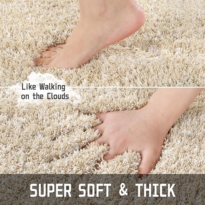 Yimobra Bath Rugs for Bathroom 32x20, Ultra Soft and Water Absorbent Bath Mats, Non Slip Plush Shower Mat Outside, Microfiber Mats for Bathroom Floor/Tub, Machine Washable, Light Beige and White
