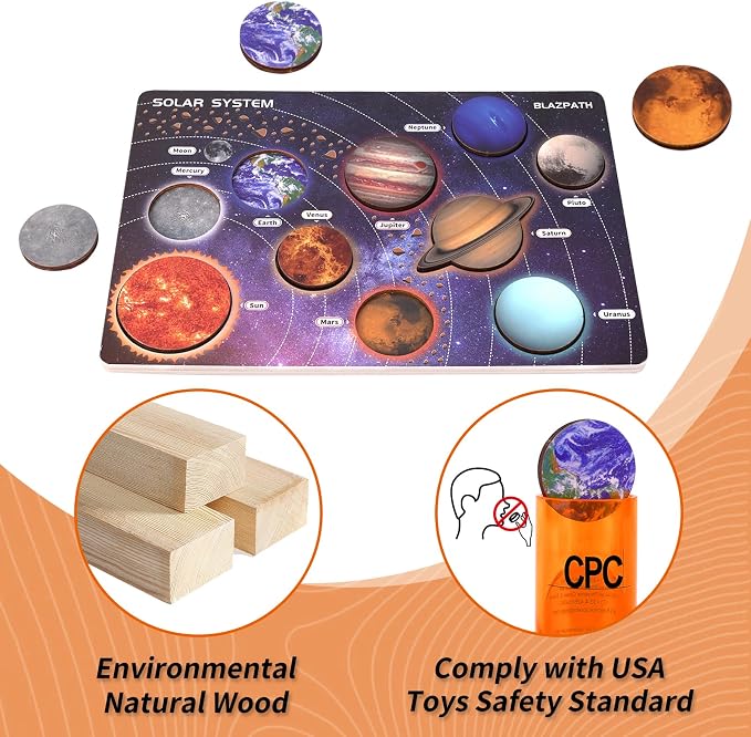Solar System Planet Outer Space Toddler Wooden Puzzle Toys for Kids 3-5 | Space Themed Wood Puzzle Board Sensory Toys Model Gift for Girls and Boys, Preschool Learning Activities STEM Montessori Game