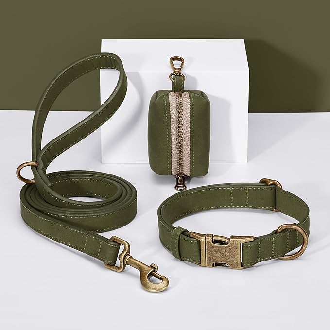 Didog Soft PU Leather Dog Collar, Stylish Quick Released Dog Collars for Medium Dogs, Easy Clean Adjustable Pet Collar for Daily Walking, Dark Green, M Fit 13-21" Neck