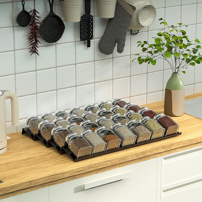 Sezanrpt Acrylic Spice Drawer Organizer Rack Adjustable From 12 Inch to 24 Inch Wide, 4 Tier Spice Organizer Shelf for Kitchen Drawer Display, Kitchen Spice Rack Tray for Drawer