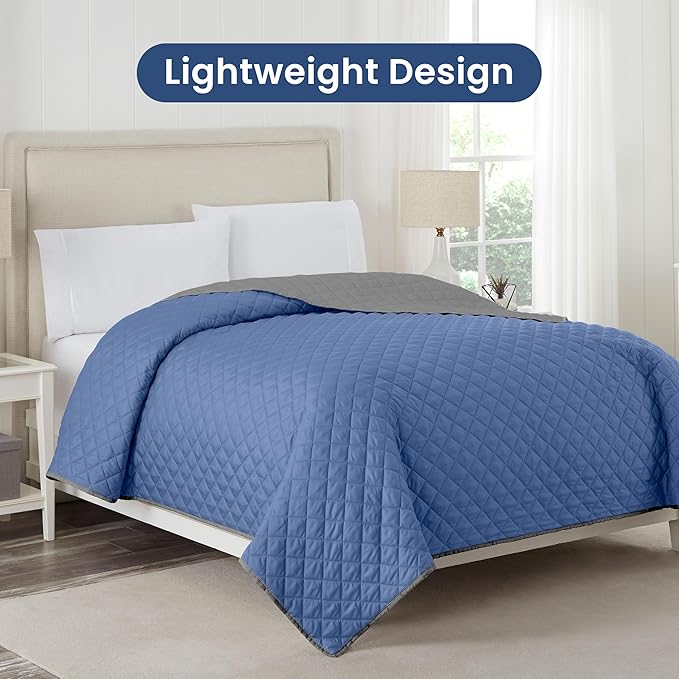 Martex Reversible Coverlet – Full Queen Size Quilt - Lightweight Full Size Bedding– Durable Queen Size Quilts for Bed – Soft - Easy Care Bedding – Ceil Blue/Gray