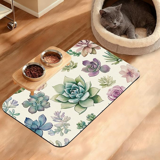 Dog Bowl Mat,Cactus Pet Feeding Mat for Floors Waterproof,Succulents Absorbent Dogs Placemat for Food and Water Quick Dry Pet Cat Feeding Mats with Non Slip Bottom 12" x 20"
