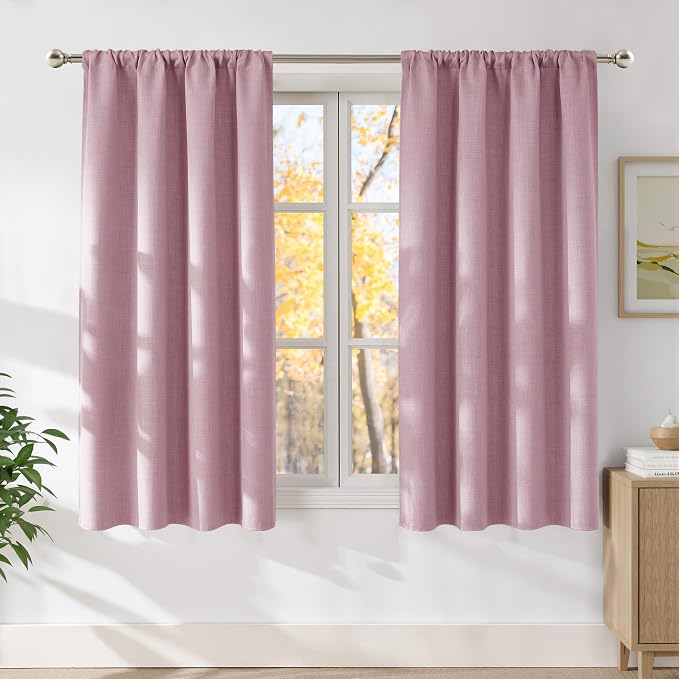 NICETOWN Pink Faux Linen Room Darkening Rod Pocket Curtains 63 inch Length