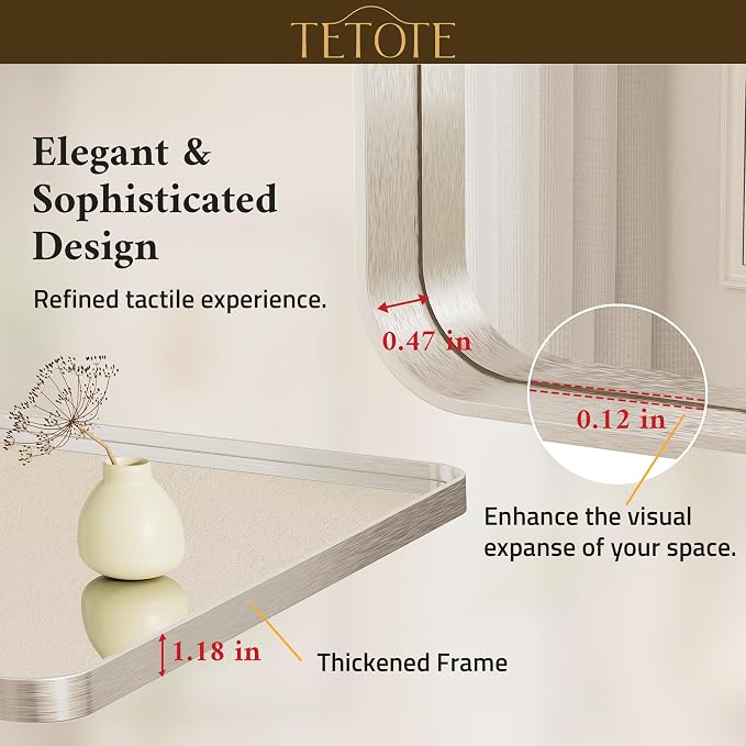 TETOTE Brushed Nickel Bathroom Mirror 48 x 30 Inch