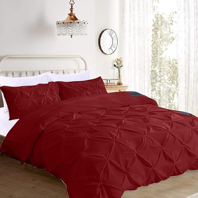 Pinch Pleated Duvet Cover Set 100% Brushed Microfiber 3PC Super King Size 98x108 Duvet Cover Set, Decorative Pinch Design Burgundy Duvet Cover with Matching Pillow Case
