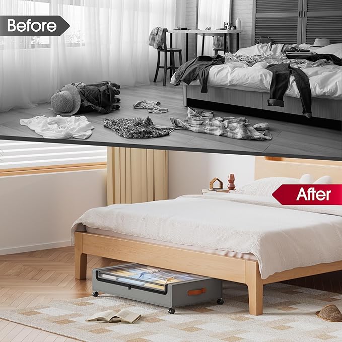 Yecaye Under Bed Storage with Wheels, 2 Pack Under Bed Storage Containers, Large Under Bed Rolling Storage with Clear Window & Label, Bedroom Storage Organizer for Clothes, Shoes, Books, Blankets