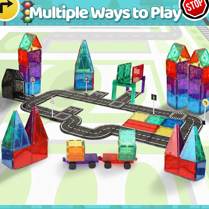 Playmags Magnetic Tiles Road Set - 50 Pcs STEM Educational Construction Toy Car Track, Building Blocks Magnet Toys for Toddlers, Safe for Ages 3+