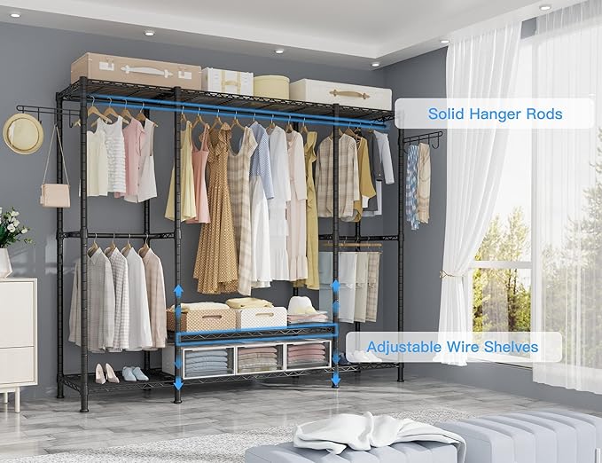 Ulif E3 Heavy Duty Garment Rack, 4 Tiers Freestanding Closet Organizer System with 5 Shelves, Metal Closet Organizer and Storage System for Clothes, Max Load 650lbs, 57.1"W x 14.5"D x 77.3"H, Black