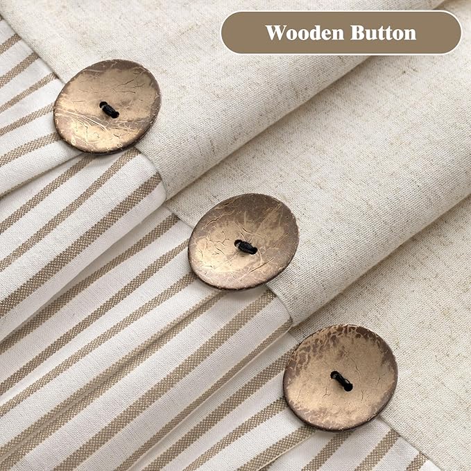 Farmhouse Shower Curtain Linen Beige Button Woven Fabric Country Rustic Western, Pleated Beige Stripe 72" W x 72" L