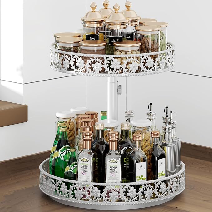2 Tier Lazy Susan Organizer Turntable Adjustable,12 Inch Two Tier Lazy Susan Metal Easy Assembly Cleaning, Rotating Spice Rack Organizer for Cabinet Dining Table Kitchen Countertop White
