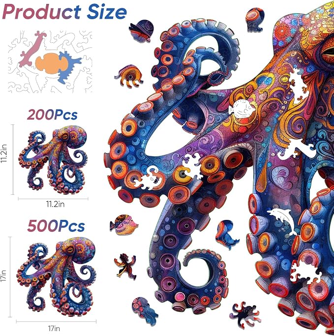 Mys Aurora Octopus Puzzles for Adults 500 Pieces Wooden Jigsaw Puzzles | 5MM Thick Unique Shape Puzzle Ocean Wood Puzzles for Adults and Kids Birthday Gifts Family Game 17 * 17inch