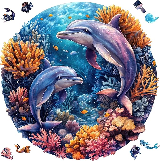 Qiuenisray Wooden Puzzles for Adults 500 Pieces, Dolphins Wood Jigsaw Puzzles, FSC Certified Royal Unique Shape Ocean Adult Puzzles, Irregular Creative Gift for Family Game 16.5 x 16.5 in