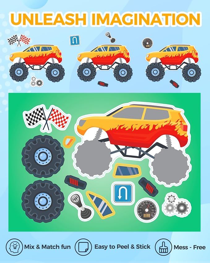 Aowplc 32 Make Your Own Vehicle Sticker Sheets for Kids | Transportation Stickers for Party Favors & Craft Activities