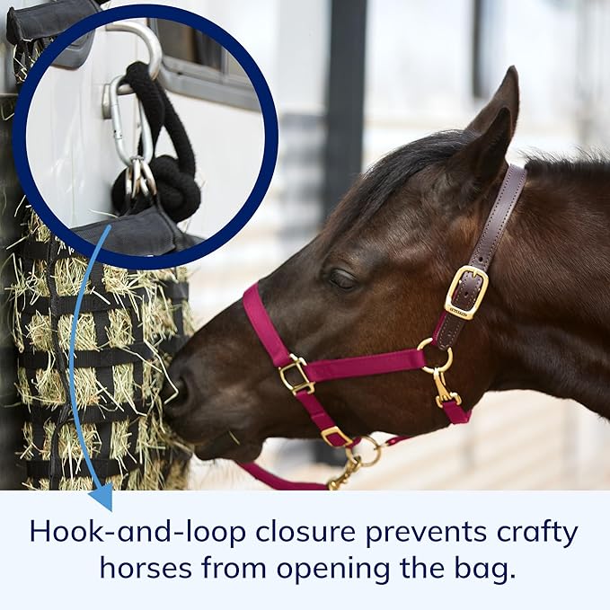 SmartEquine Slow Feed Hay Bag for Horses | Hay Feeder Net with Resistant Nylon | Gator Mouth Enclosure for Easy Loading | Fits 10-15 lbs of Hay | 4 Flakes Bag | 37" x 30" | Black | 1.5" Holes