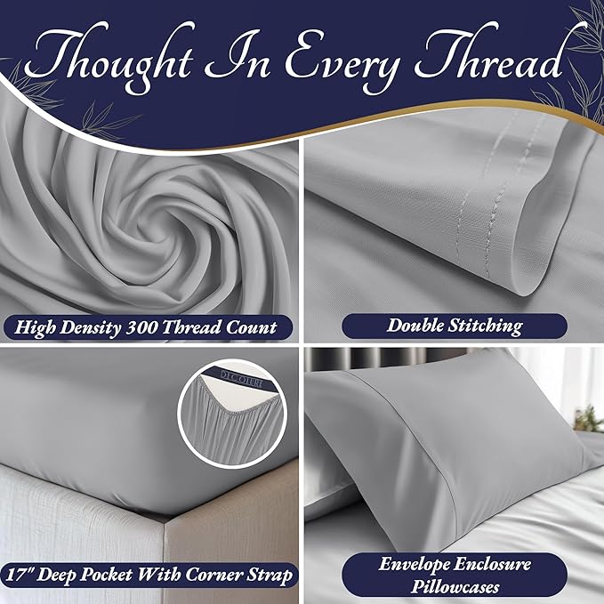 DECOLURE 100% Viscose Derived from Bamboo Sheets Cal King Size 4pcs - Ultra Soft & Luxuriously Cooling, 17" Deep Pocket, Double Stitching, Perfect for Hot Sleepers - King Bed Sheets (Midgrey)