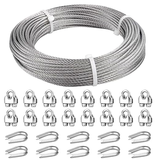 3/16 Wire Rope, 100ft Stainless Steel Cable with Wire Rope Clamps & Thimble, 3700lbs Breaking Strength, 7X19 Strands Aircraft Cable for Zipline, Deck Railing, Clothesline