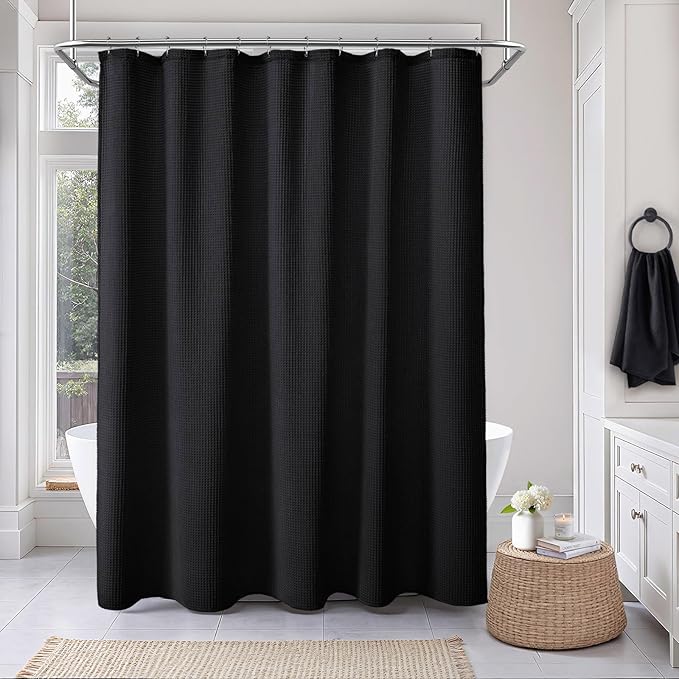 Stall Waffle Shower Curtain - Black Cotton Fabric Texture Heavyweight Shower Curtain for Narrow Bathroom,Washable,48Wx72L