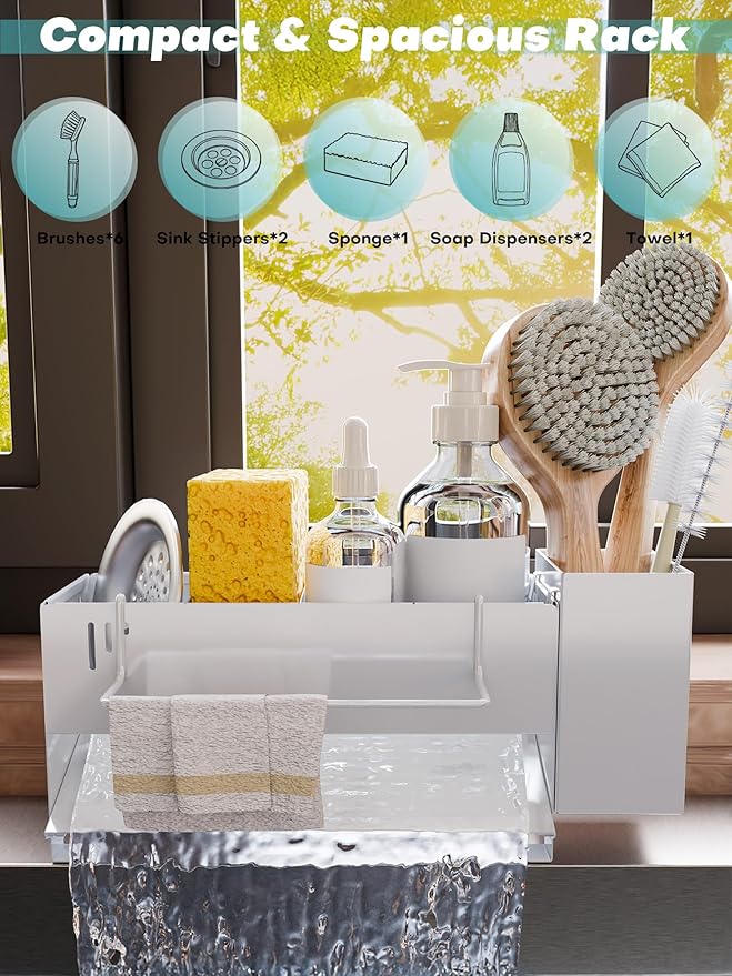 Sponge Holder for Kitchen Sink, Space-Saving Sink Caddy with Brush Holder, Kitchen Countertop Organizers and Storage Essentials
