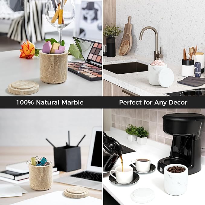 WORHE Travertine Qtip Holder Dispenser with Lid for Cotton Swabs,Balls,Pads,Floss Picks Large Capacity Marble Apothecary Jar for Bathroom Essentials Decor, Vanity Makeup Storage Organizer Beige(WH050)
