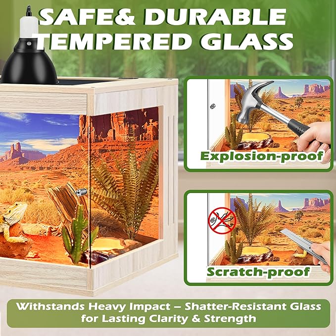 Royxen Bearded Dragon Tank, Tempered Glass Reptile Terrarium with Metal Mesh Top, 3-Side Clear Anti-Scratch Glass Lizard Tank for Reptile Habitat (Oak, 34 Gallons,32" Length)
