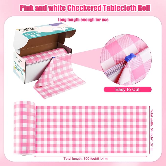 Kochorie 54 Inch x 300 Ft Light Pink Checkered Plastic Table Cloth Roll