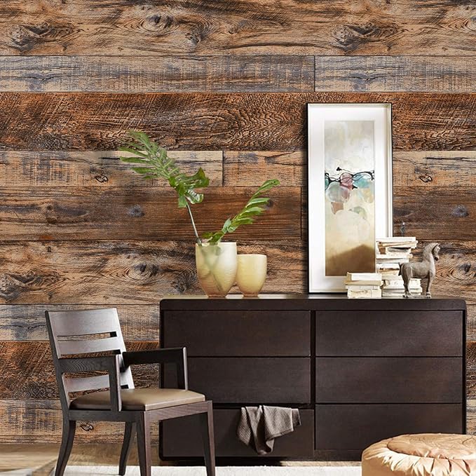 WENMER 17.71" x 1181" Brown Wood Wallpaper Peel and Stick Wallpaper Shiplap