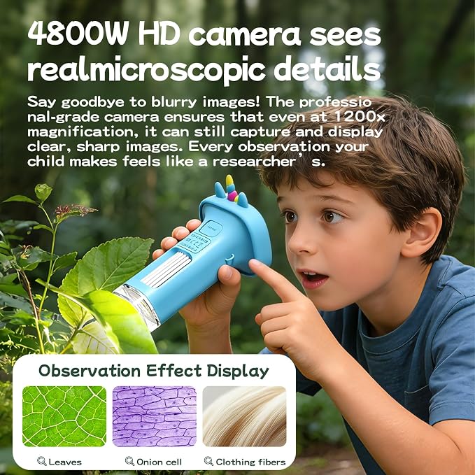 Microscope for Kids, Digital Handheld Kids Microscope with 10 Slides, Photo and Video Mini Portable Pocket Miniscope Science Toys Gifts for 3-12 Age Year Old Boys Girls (Blue)