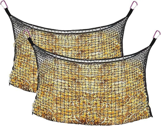 Bloomoak Knotless Slow Feed Hay Net with 4 Carabiner Clips for Horses/Open Top Hanging Hay Bag with Large Capacity for Full Day Feeding/Trailer (1.75" Hole for Slow Feed/ 2PCS, L 63 * 40")…