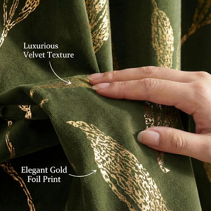 NICETOWN Leaf Patterned Green Velvet Curtains 96 inches Long 2 Panels Gold Foil