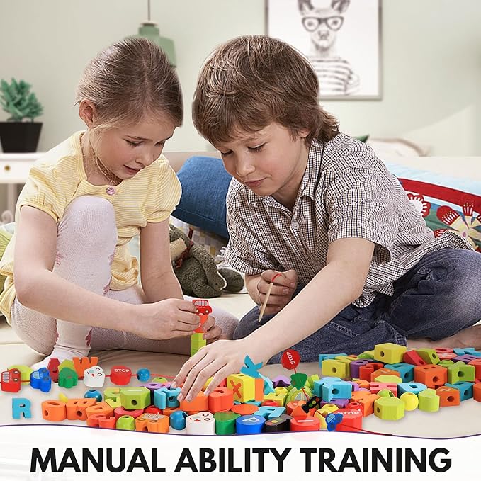 BMTOYS Wooden Lacing Toy Alphabet Number Threading Beads for Boys Girls Age 3 4 5 6 Montessori Educational Learning Birthday Gift