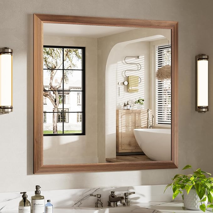 36x36 Inch Bathroom Mirror for Wall, Anti-Rust Walnut Wood Grain Metal Framed