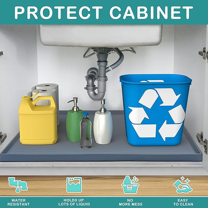 URMONA Waterproof Silicone Under Sink Mat 22'' x 19'' Shelf Liner for Kitchen and Bathroom, Cabinet and Counter Protector, Storage and Organizers, Litter Mat, Pet Cat Puppy Essentials(Green)