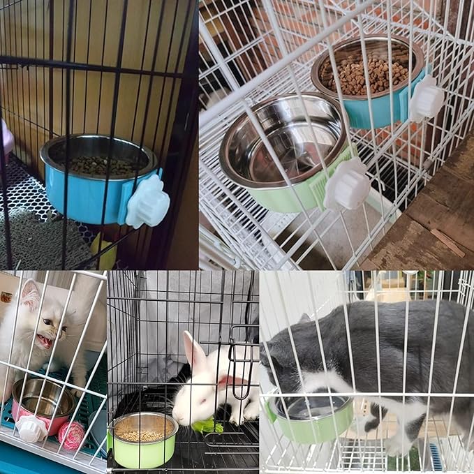 kathson Crate Dog Bowl, Removable Stainless Steel Hanging Pet Cage Bowl Food & Water Feeder Coop Cup for Cat, Puppy, Birds, Rats, Guinea Pigs (2 PCS, Size: M, Blue and Pink)