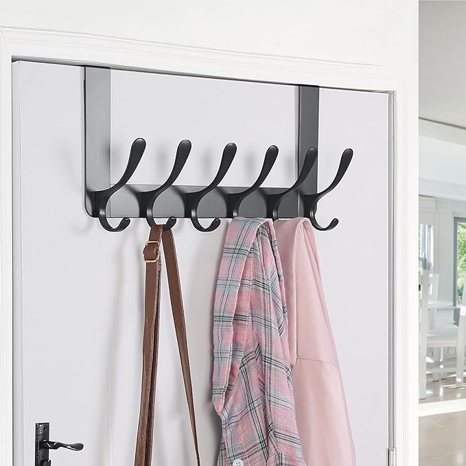 SKOLOO Over The Door Hooks - for Doors up to 4.5cm Thick, No Assembly Required, Stainless Steel Door Hanger with 6 Hooks, Over The Door Hanger for Coats Clothes Hat Towel Jacket, Black