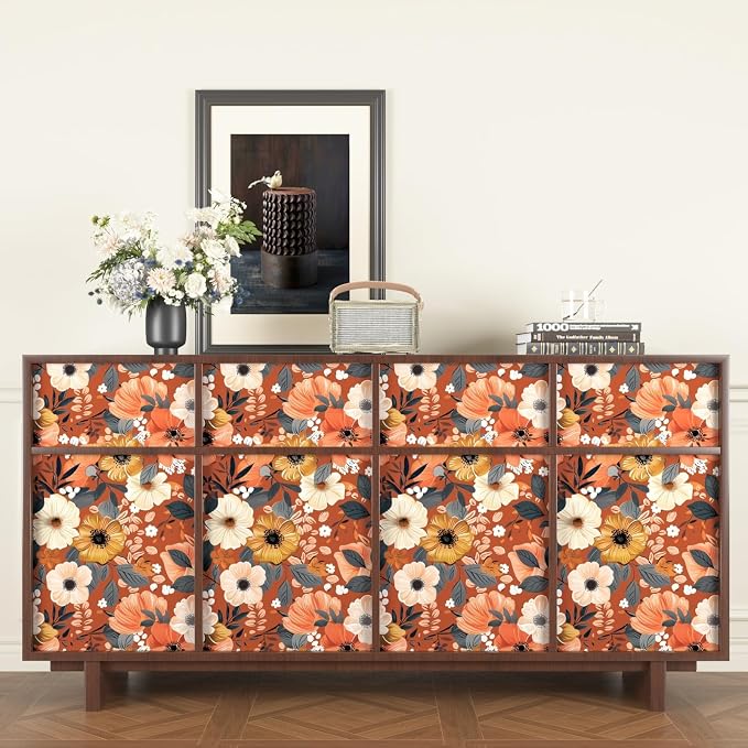 BOKEBEVE Orange Wallpaper Peel and Stick Retro Floral Contact Paper Self