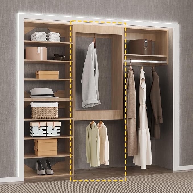 Double Hanging Closet Unit, Modular Closet System, Wood Closet System Organizer with Storage for Walk In Closets, Clothing Rack Wardrobe Closet for Hanging Clothes, Bedroom, Wood, 19.5"W
