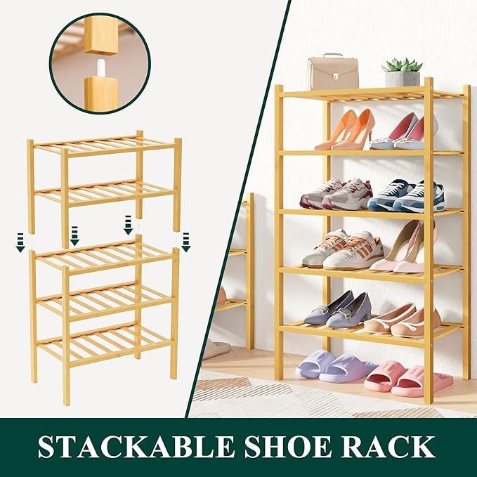 Smiry Bamboo Shoe Rack for Closet, 5 Tier Small Wooden Stackable Shoe Organizer, Free Standing Shoes Storage Shelf for Entryway, Front Door Entrance, Natural
