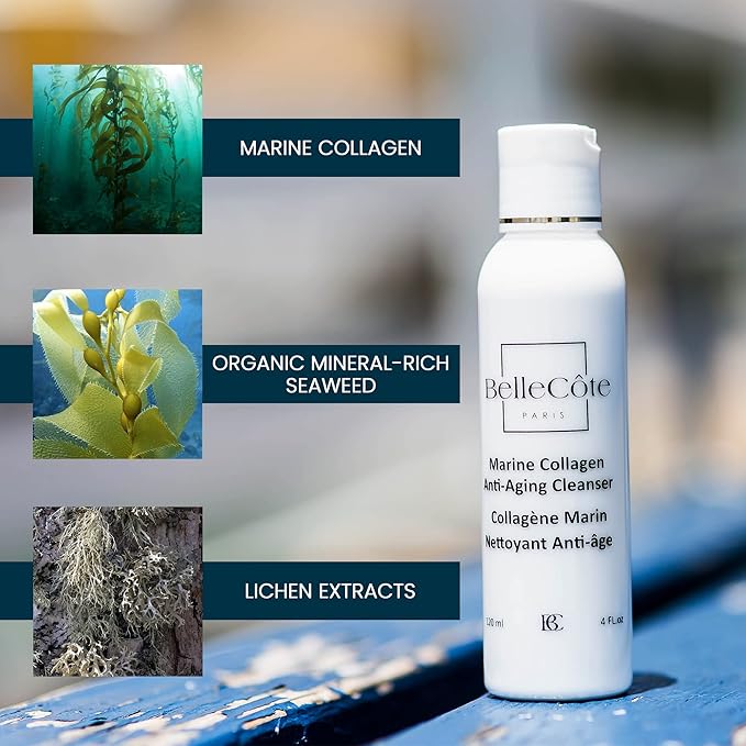 BelleCôte Paris Marine Collagen Anti Aging Cleanser - Lichen Extract & Peptides for Dull And Dehydrated Skin, Removes Impurities & Makeup Toxins | Organic Seaweed Facial Cleanser 4 fl oz