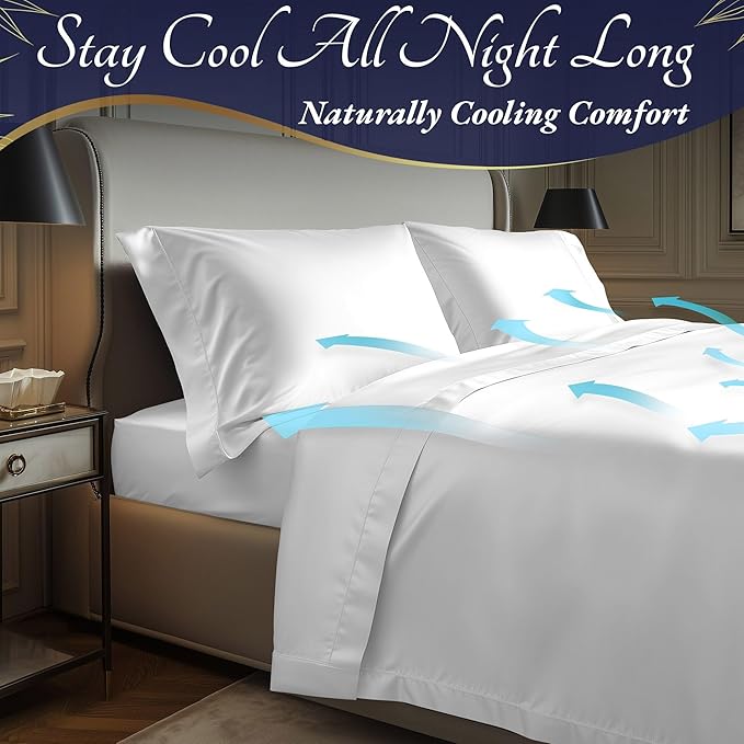 DECOLURE 100% Viscose Derived from Bamboo Sheets Cal King Size 4pcs - Ultra Soft & Luxuriously Cooling, 17" Deep Pocket, Double Stitching, Perfect for Hot Sleepers - King Bed Sheets (White)