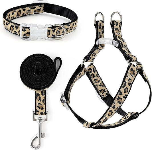 Mile High Life Leopard Dog Harness Collar Leash Set, Adjustable No Pull Dog Halter Harness for Small Breed Dogs, Easy Control for Training Walking (Black, M Chest 15"-21", Neck 13"-17")