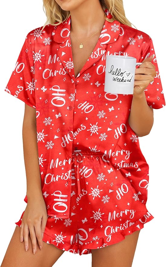 Ekouaer Womens Satin Pajamas Set Button Down 2 Piece Silk Pjs Shorts Set Ruffle Lingerie Notch Collar Sleepwear