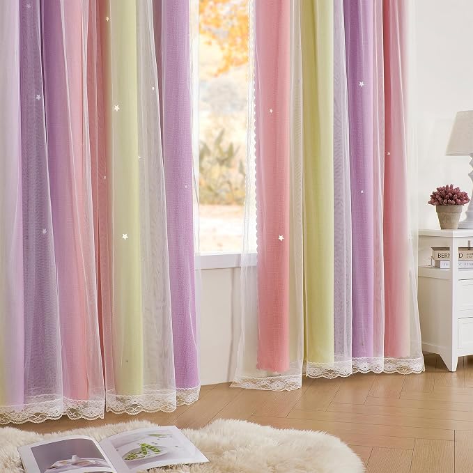 XiDi Curtains for Bedroom Decor, Rainbow Pink PurpleYellow34/90/1