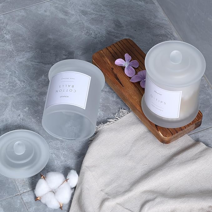 Qtip Holder & Cotton Pad Dispenser, Bathroom Organizer and Storage Canisters, 16oz Glass Apothecary Jars for Kitchen, Restroom - Home Decor, Room Decor Aesthetic (2 Pack, Frosted White)