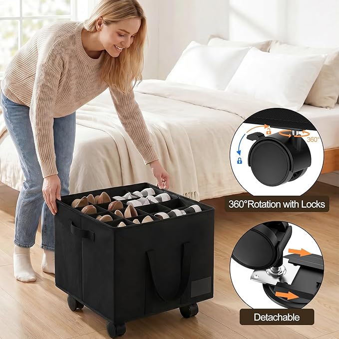 Large Shoe Organizer for Closet, Adjustable Dividers Shoe Storage Box Bins with Wheels Clear Cover Reinforced Handle Side Pocket Fits up to 16 Pairs, Foldable Shoe Organizer for Entryway Black