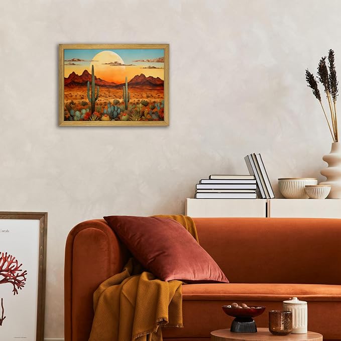 Framed Western Desert Sunset Cactus Wall Art, Vintage Southwest Nature
