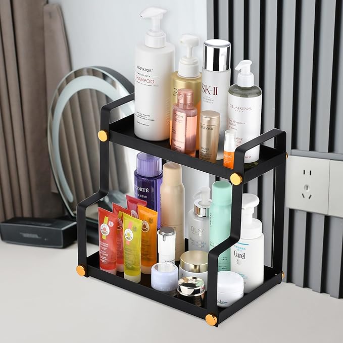 FFK 2 Tier Countertop Organizer, Cosmetic Organizer, Storage Shelf for Cabinet, Countertop, Pantry, Desktop, Ideal for Bathroom, Kitchen, Office (Black)