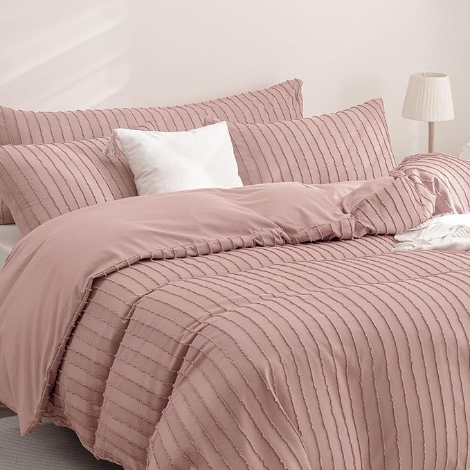JELLYMONI Duvet Cover King Size Smokey Pink - 3PCS Boho Striped Duvet Cover Set Polyester Tufted Bohemian Textured Comforter Cover 104×90in with Corner Ties & Zipper and 2 Pillowcases