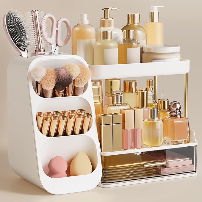 HBlife Bathroom Organizers and Storage with Brush Holder for Vanity, 3 Tier Plastic Makeup Organizer for Dresser Counter, Skincare, Lipstick, Perfume, and Cosmetic Storage