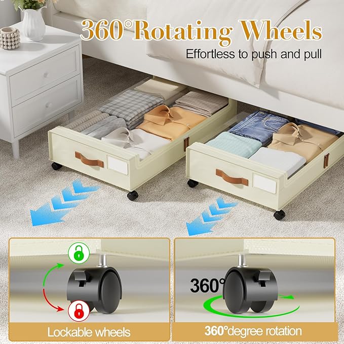 Rolling Under Bed Storage with Lids, 60L, 2 Pack – Beige
